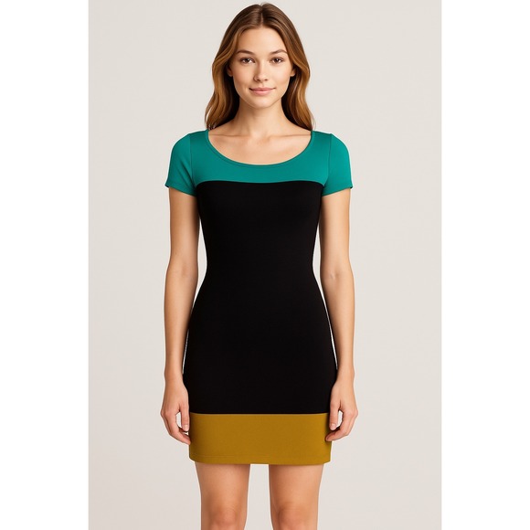 BCBGMAXAZRIA Color Block Bodycon Dress Black Green Gold Career Party XS - Picture 1 of 7